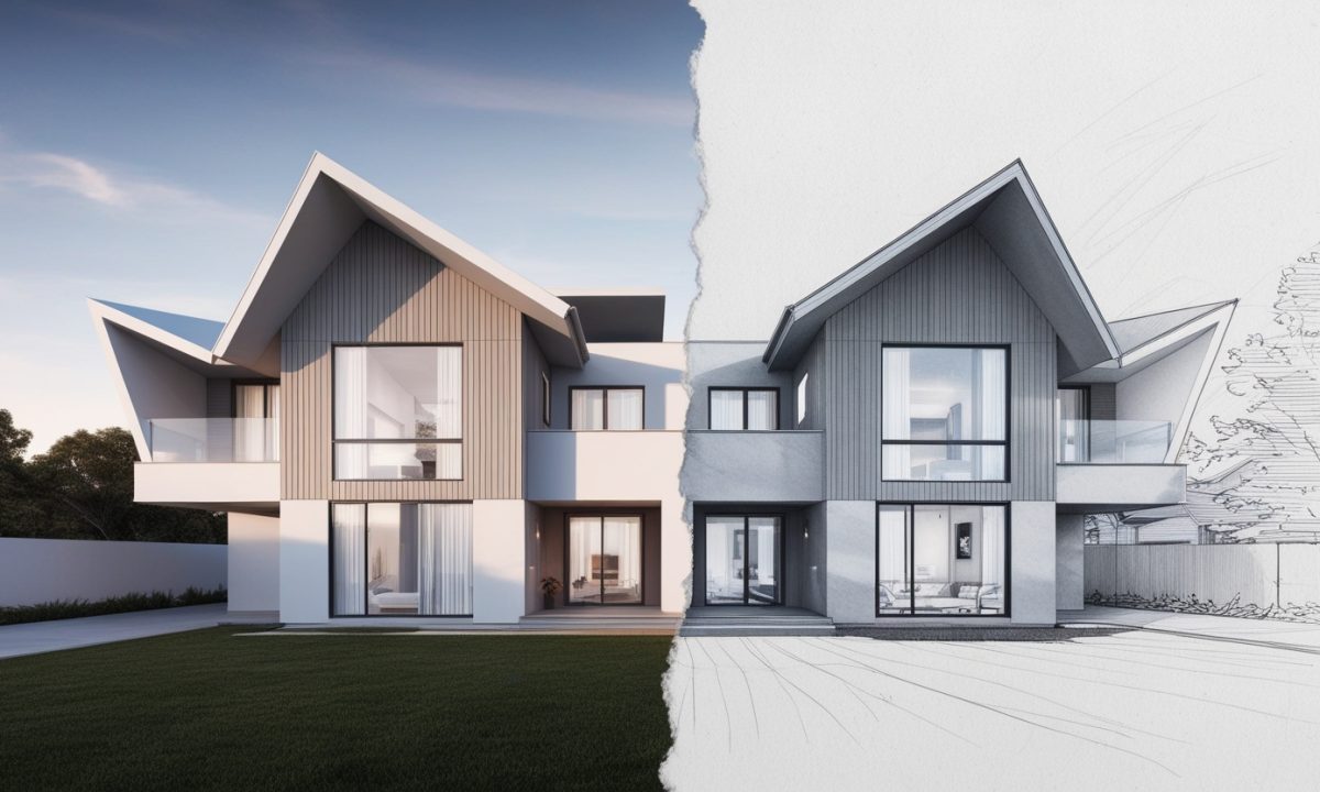 the architectural design of a realistic modern duplex house that must be half 3D and half pencil sketch