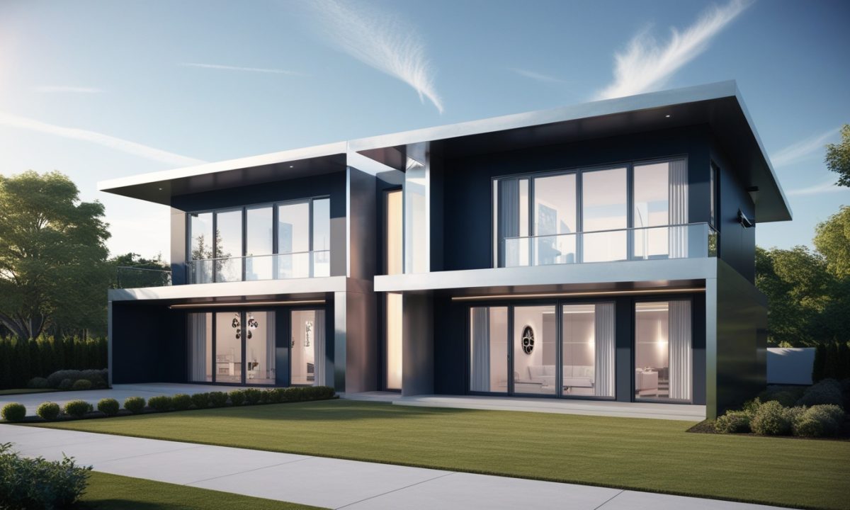 the architectural design of a realistic modern duplex house that must be half 3D and half pencil sketch